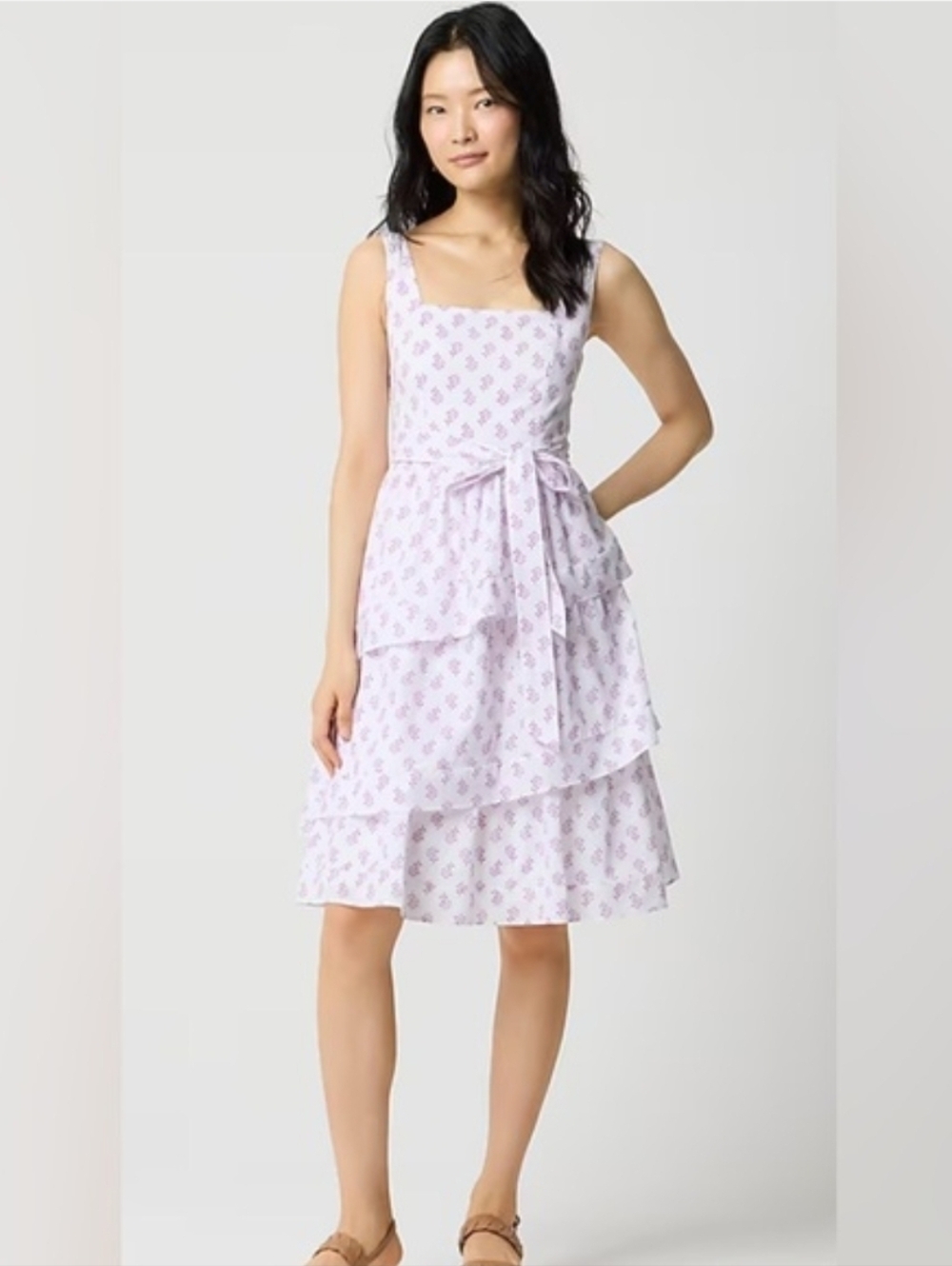 J. Crew White & Purple Floral Square Neck Tiered Fit & Flare Sundress Size 10